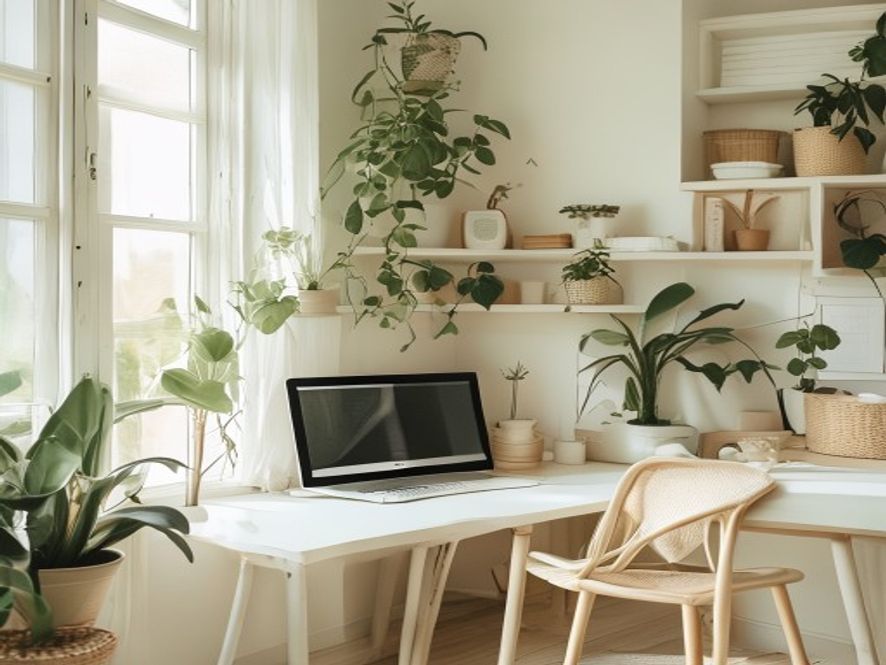 Vårt arbetsutrymme Ljust kontor med växter och naturligt ljus